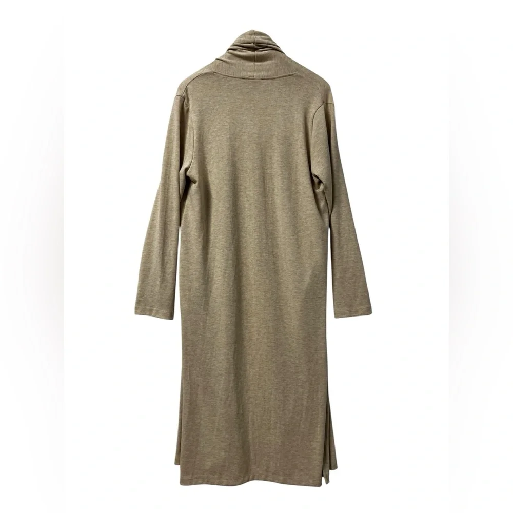 Karen Kane Oat Long Open Front Cardigan Sweater Side Slits Pockets Womens L